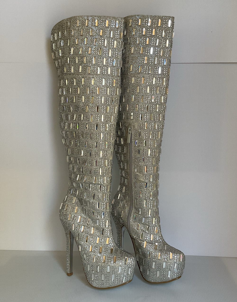 Shiekh Silver Rhinestone Over Knee High Heel Boots Women’s Size 6 Glam Party